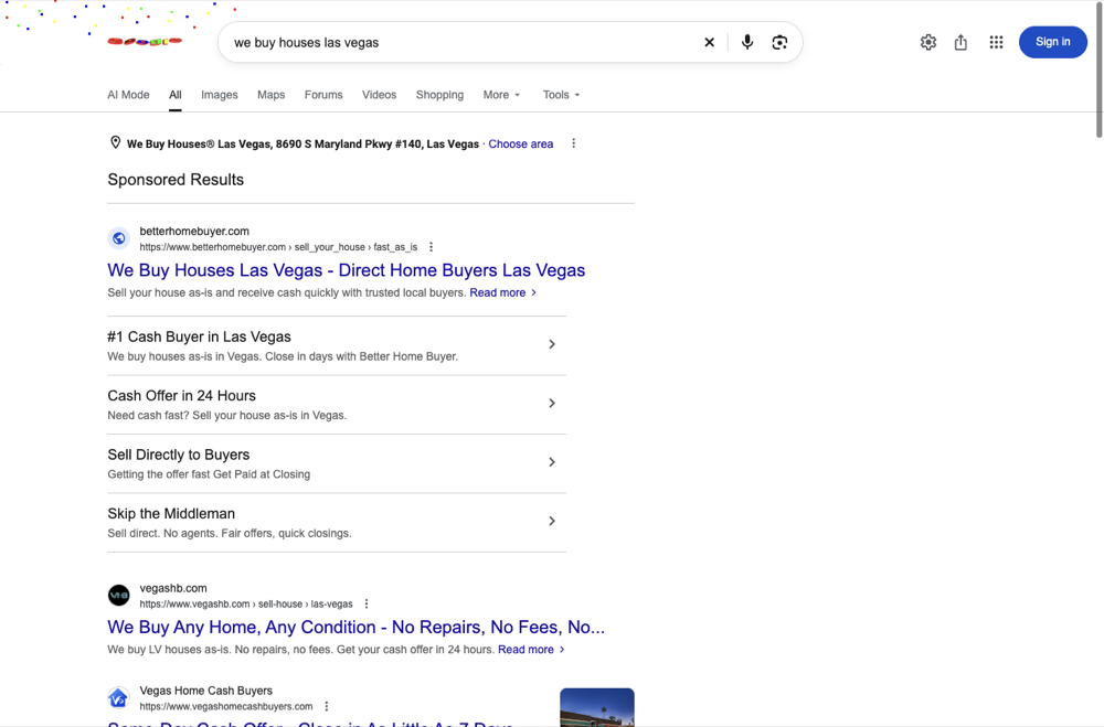 Google results for we buy houses las vegas