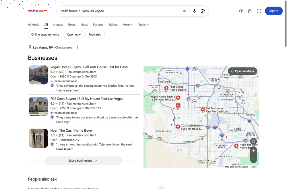 Google map pack for cash home buyers las vegas